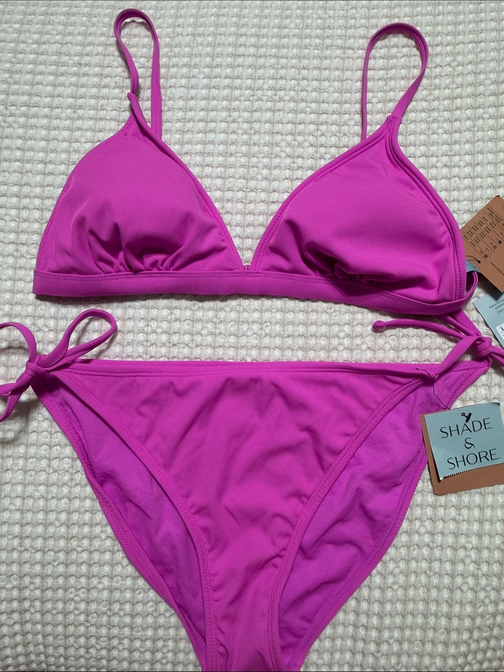 Shade & Shore Bright Pink Ribbed Triangle Bikini Set
